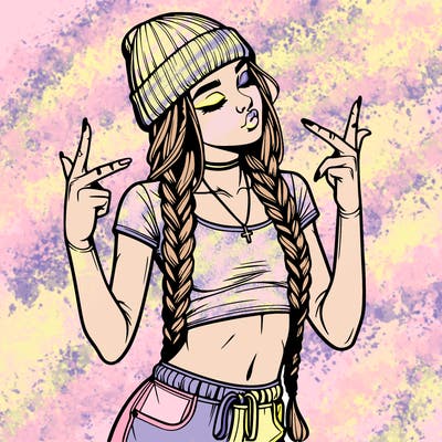 realistic teenage girl with braids and a beanie and crop top doing 🫶🏼