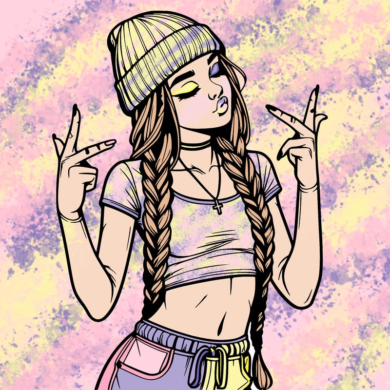 realistic teenage girl with braids and a beanie and crop top doing 🫶🏼