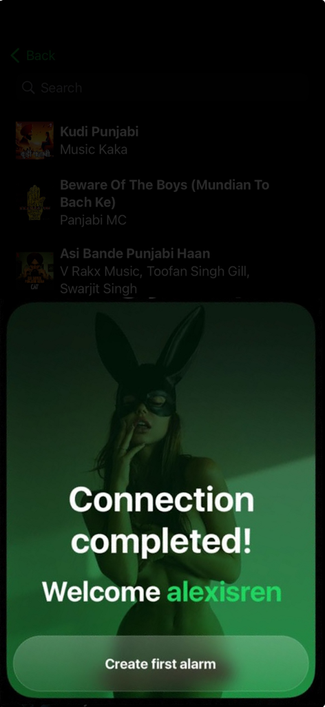 A mobile app screen displaying a successful connection message that says Connection completed Welcome alexisren with a button to Create first alarm
