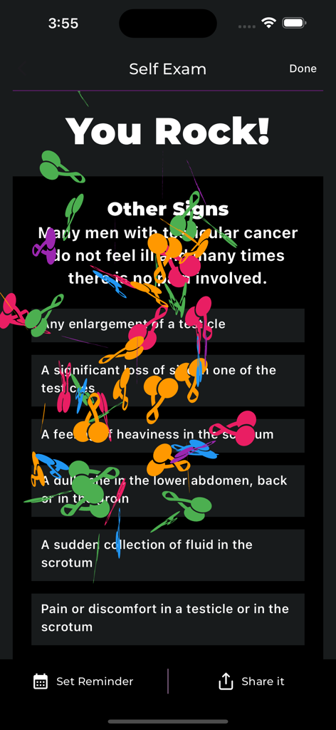 Testicular self-exam symptoms checklist on the Ball Checker app