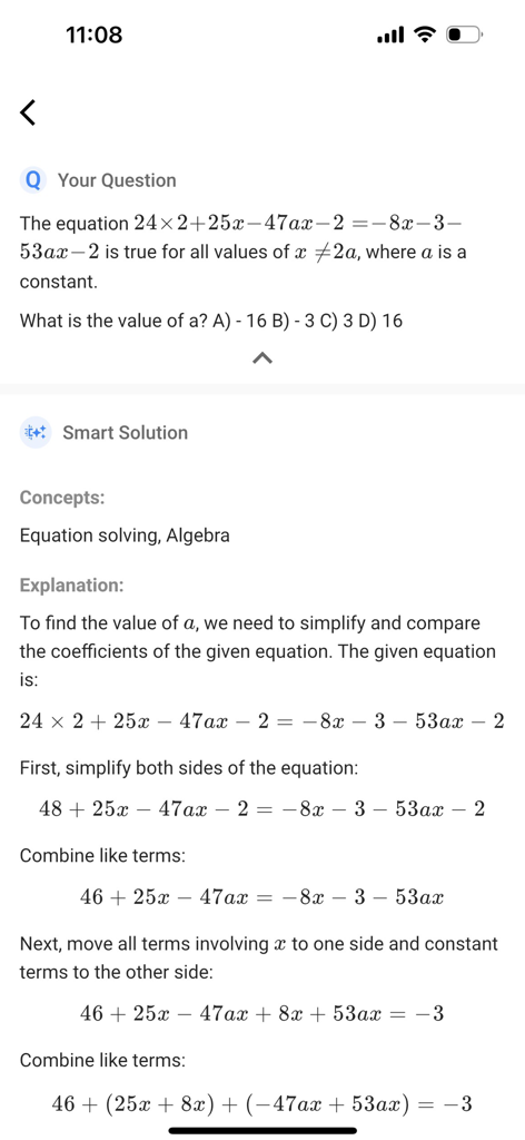 Filo: Homework & Exam Help - Step by step algebra equation solution displayed in the Filo homework help app