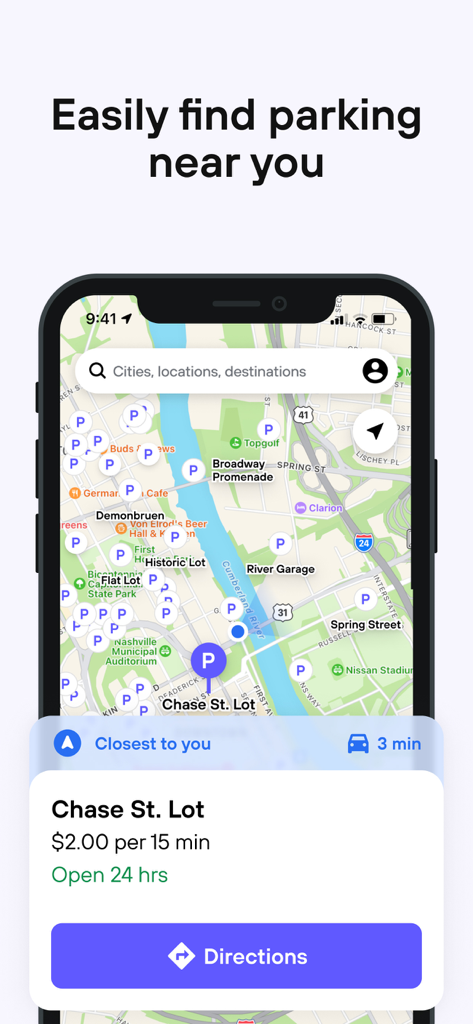 Metropolis: Remarkable Parking - Metropolis app screen showing a map of nearby parking locations with rates and directions