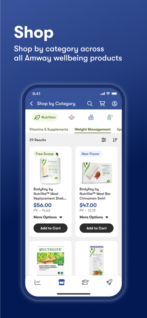 Mobile screen of the Amway plus app showing nutrition and weight management products for sale