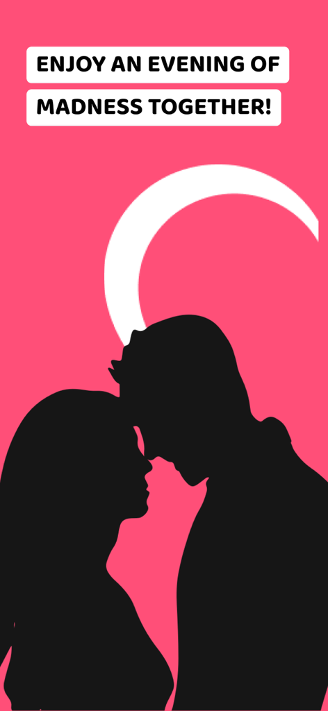 Bae: Couple game - Silhouette of a couple on a pink background with the text enjoy an evening of madness together