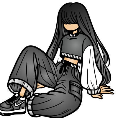 a girl with baggy pants and a crop top with long hair