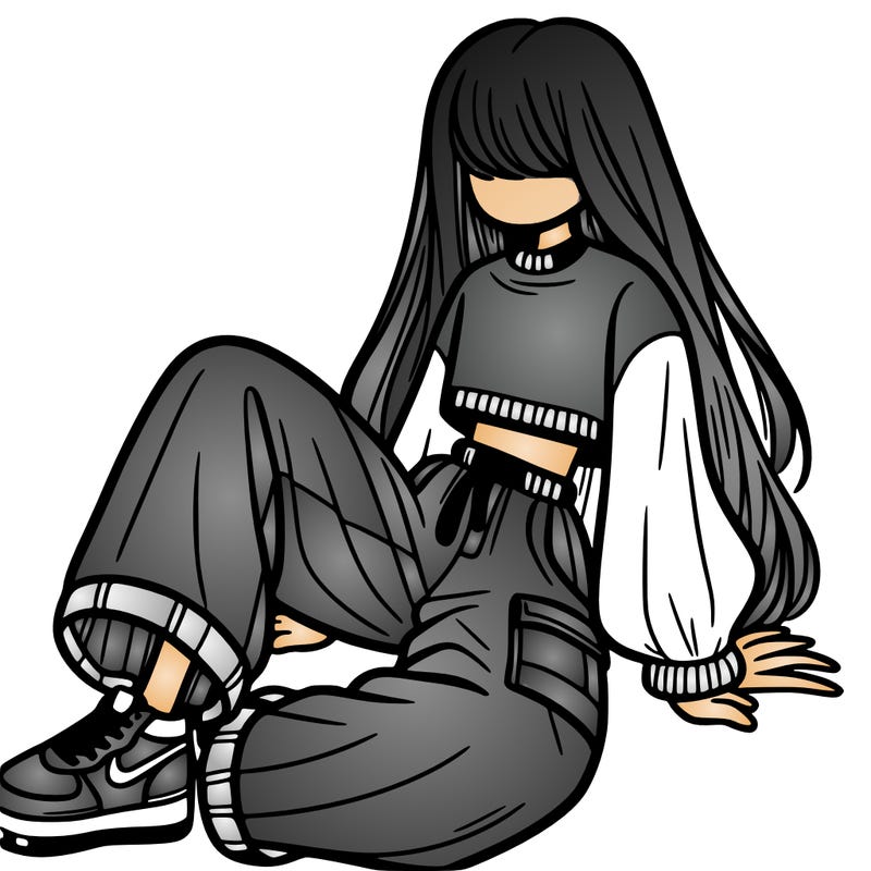 a girl with baggy pants and a crop top with long hair