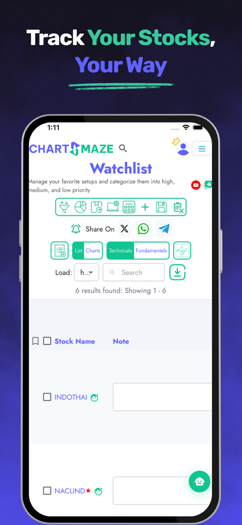 ChartsMaze - ChartsMaze mobile app watchlist screen for tracking and analyzing stocks
