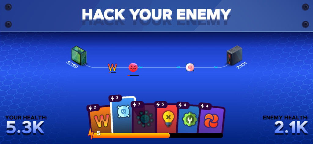 Captura de pantalla del juego de PC Creator 2 que muestra una interfaz de batalla de hackeo de computadoras con barras de salud y cartas de habilidad