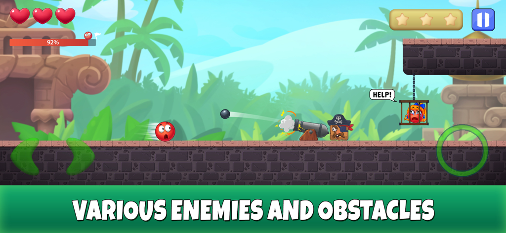 Red Ball: Secret Adventure - Red Ball navegando em um nível de selva com um inimigo quadrado pirata e uma bola presa