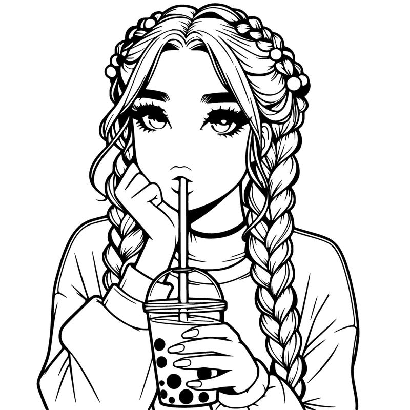 realistic girl with braided hair drinking boba
