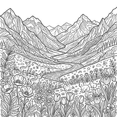 Immerse yourself in the serene beauty of mountain valleys as spring bursts forth with life. This intricate coloring page features charming fawns, playful bunnies, and a riot of blooming flowers.