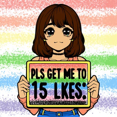 realistic girl holding up a sign that says “pls get me to 15 likes!”