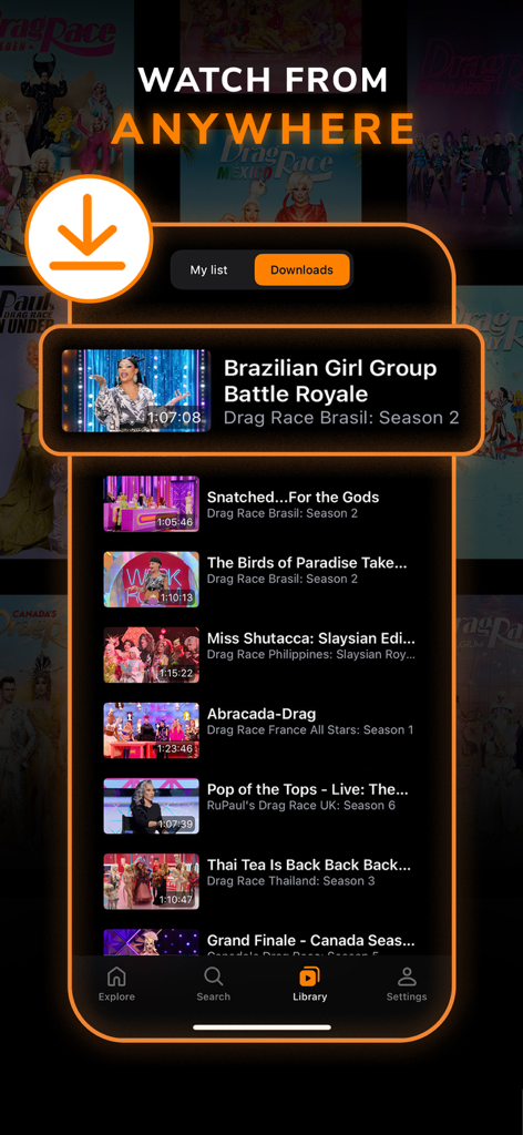WOW Presents Plus - Écran de l'application mobile WOW Presents Plus montrant la bibliothèque de téléchargements avec des épisodes de franchises internationales de Drag Race