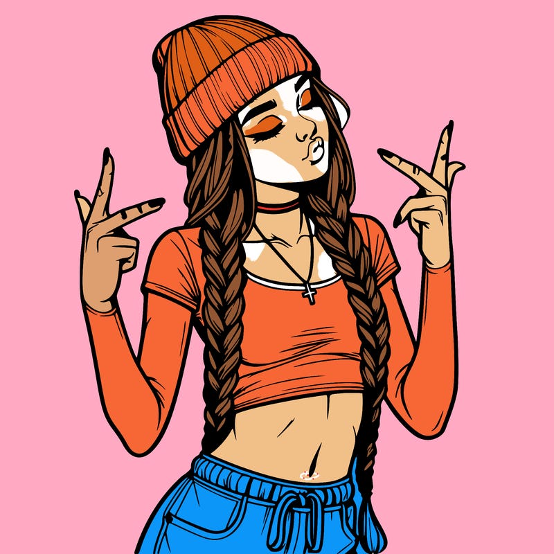 realistic teenage girl with braids and a beanie and crop top doing 🫶🏼