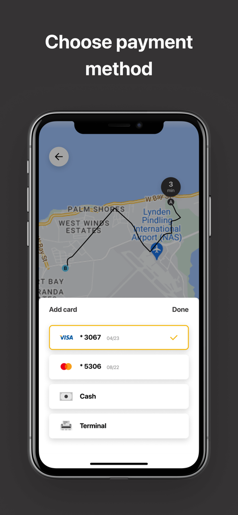 Tribur - Request a Ride - Tribur app screen for choosing payment methods like credit card or cash with a map of Nassau airport