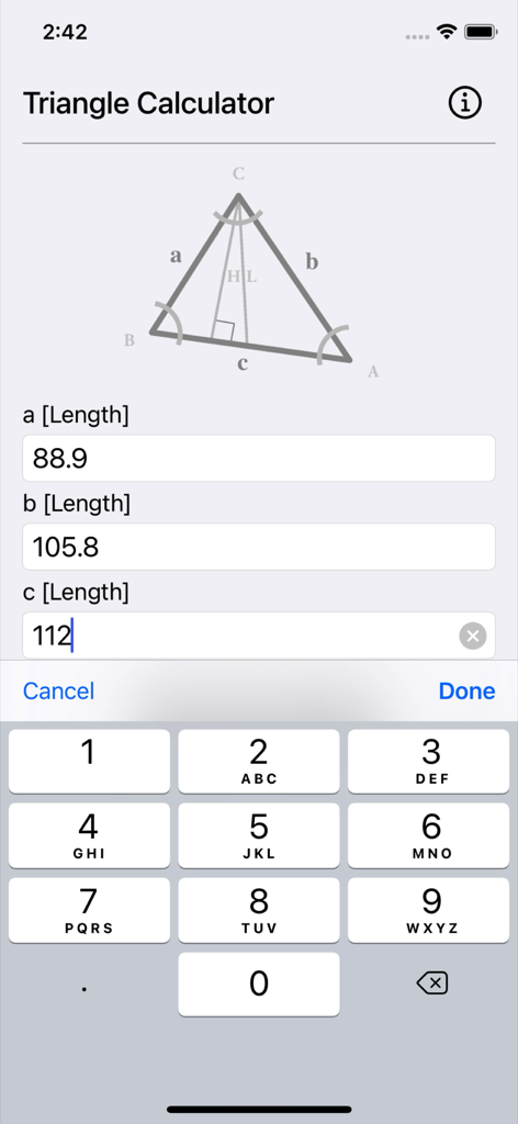 Triangle Calculator Plus - Triangle Calculator Plus app interface showing side length input fields and a geometric triangle diagram