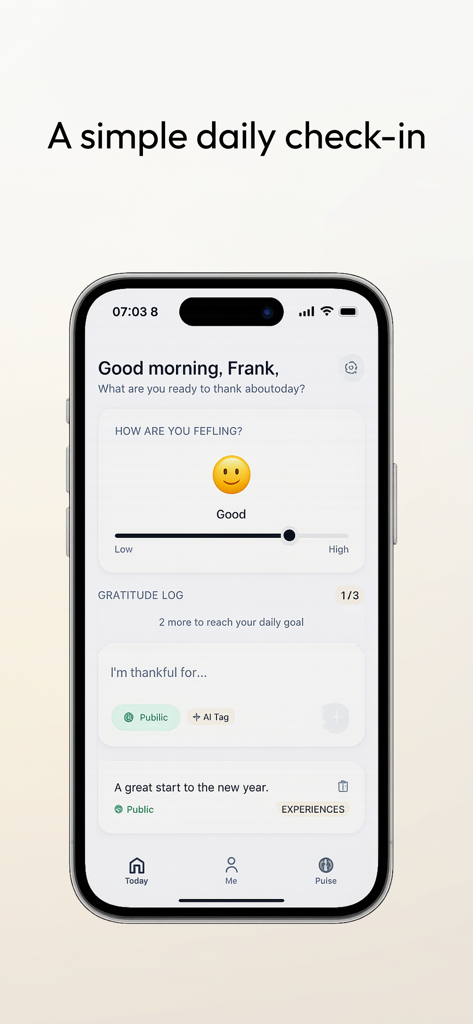 Thankabout - シンプルな毎日の気分スライダーと感謝ログを備えたThankaboutアプリのインターフェース。