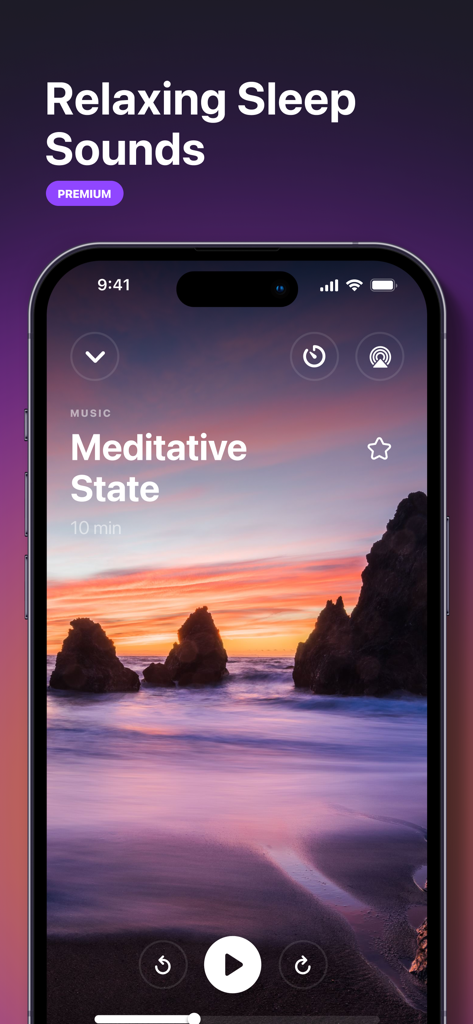 Pillow: Sleep Tracker - Pillow sleep tracker app interface showing the premium relaxing sleep sounds player with a meditative track and a sunset beach background