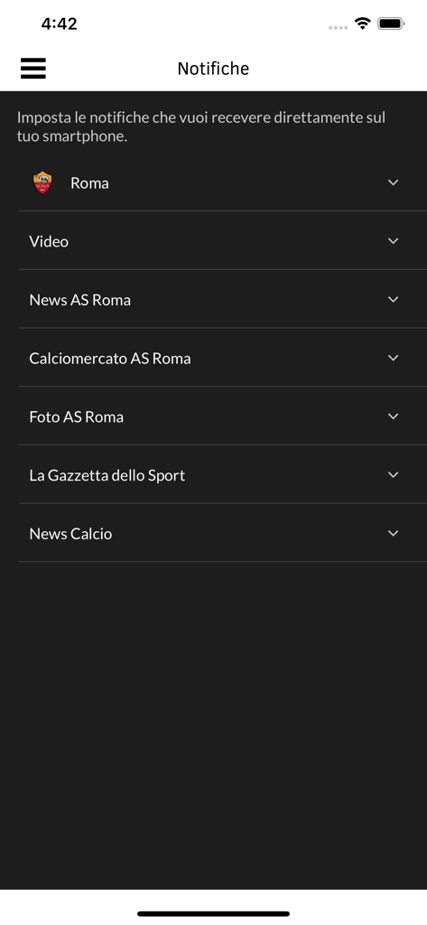 Notification settings screen in the Forzaroma app showing options for Roma news video and transfer updates