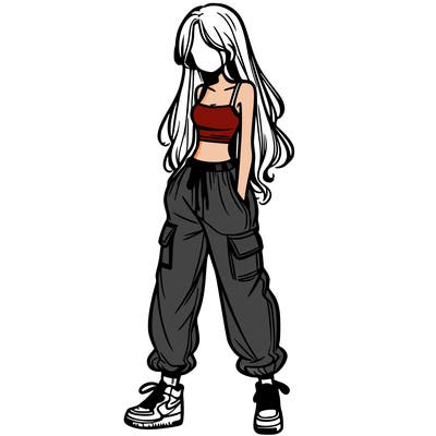 girl in baggy pants crop top and long hair