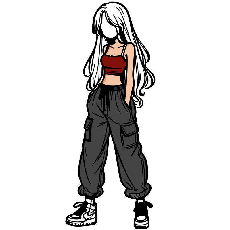girl in baggy pants crop top and long hair