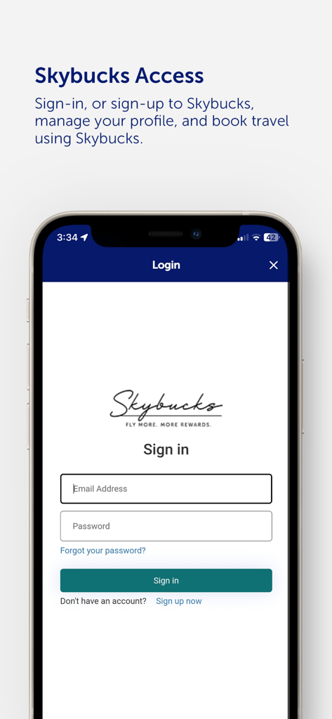 Fly Airlink - Skybucks loyalty program login screen on the Fly Airlink app