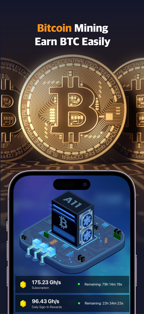 Interfaccia dell'app BitTycoon su un iPhone che mostra l'hashrate in tempo reale del cloud mining di Bitcoin e le metriche del server