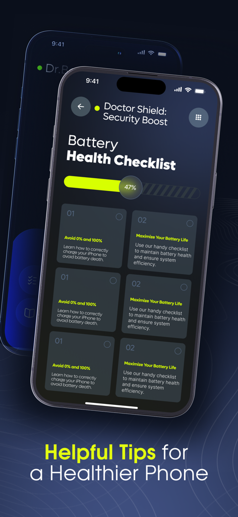 Doctor Shield: Security Boost - Doctor Shield app showing a battery health checklist with maintenance tips