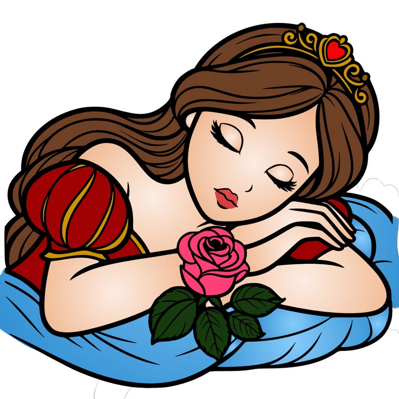 a fairytale princess sleeping with her hands crossed on her chest and a rose on her chest realistic