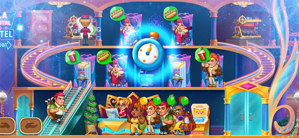 Dream Hotel: Hotel Manager - Gameplay screenshot of Dream Hotel showing guests waiting at reception and ordering food in a time management simulation.