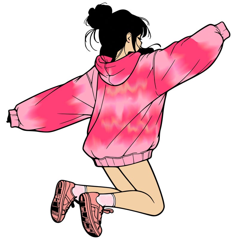 realistic girl jumping with a bun and oversized sweatshirt