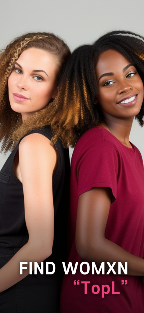 TopL - Dos mujeres diversas de pie espalda con espalda en la pantalla de inicio de la aplicación TopL