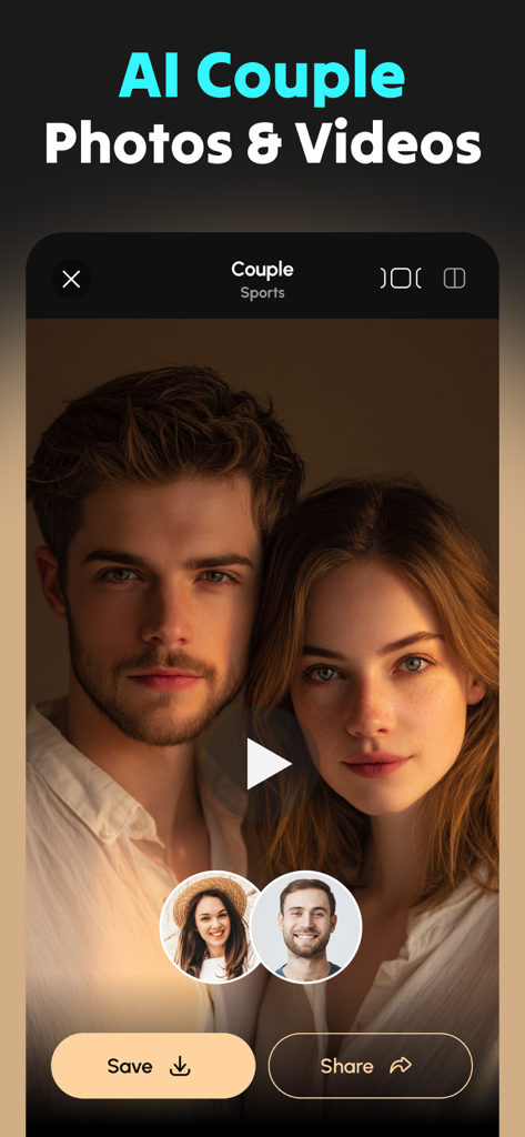 A screenshot of the EVO AI app showing a high-quality AI-generated portrait of a couple with options to save and share.