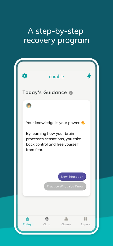 A smartphone showing the Curable app Today's Guidance screen with a message about brain-based pain recovery.