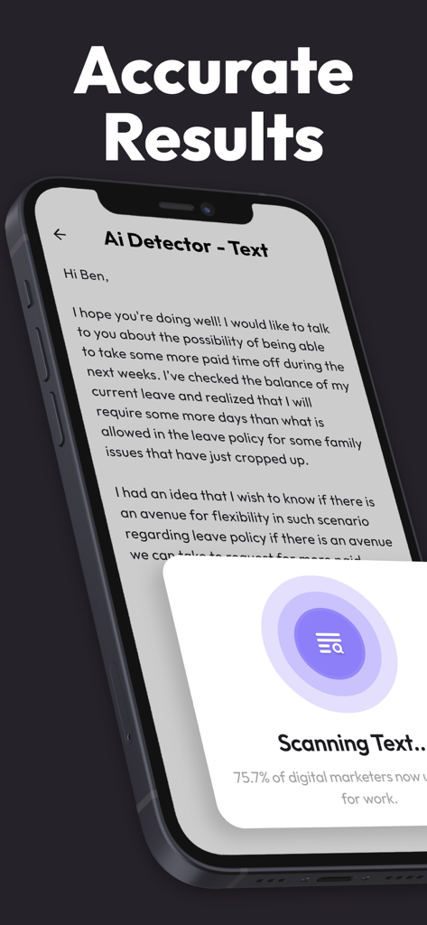 AI Detector & Humanizer AiScan - Interfaz de la aplicación AiScan que muestra un documento de texto siendo escaneado para detección de IA