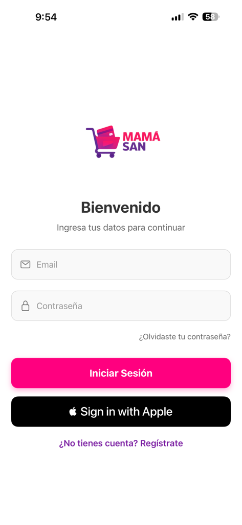 MamaSAN - Pantalla de bienvenida y inicio de sesión de la app MamaSAN mostrando campos de correo electrónico y contraseña y el botón Iniciar sesión con Apple