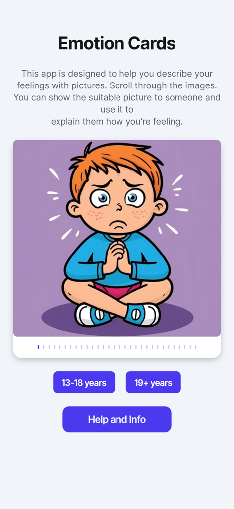 Emotion pictures feeling cards - Interfaz de la aplicación "Tarjetas de emociones" que muestra un dibujo animado de un niño preocupado con botones de selección de rango de edad para la expresión emocional