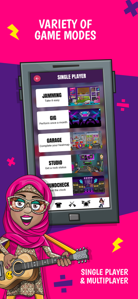 A menu of single player game modes in the Times Tables Rock Stars app featuring a rockstar avatar
