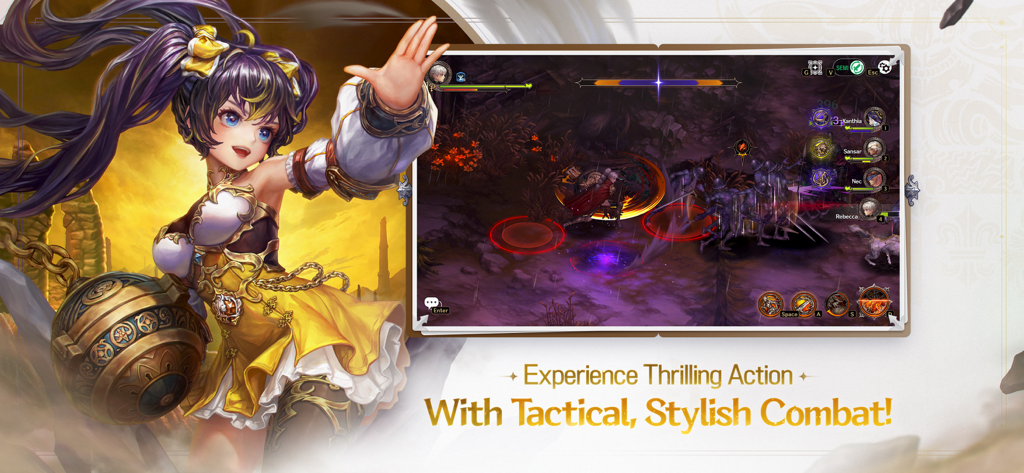 ASTRA: Knights of Veda - Una personaje de anime con cabello morado y una maza junto a una escena de combate de desplazamiento lateral de fantasía oscura