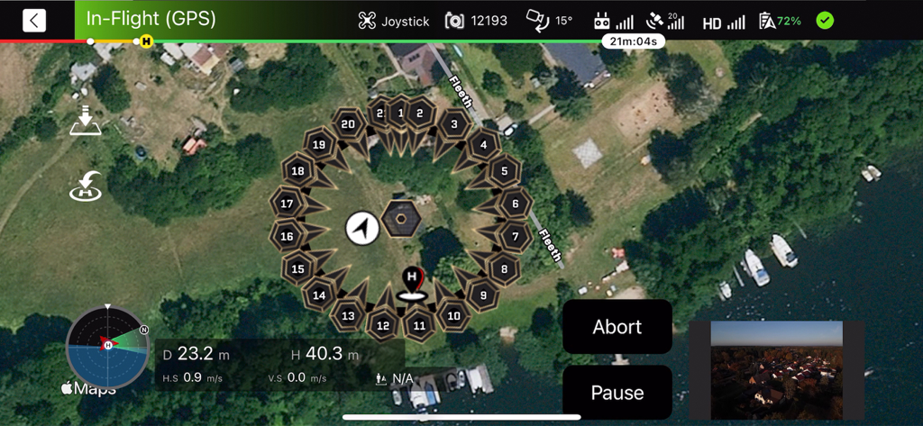 One Click Drone - Interface of the One Click Drone app showing a circular waypoint flight path for autonomous drone inspection