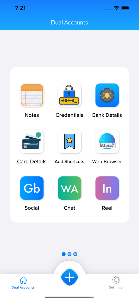 Tela principal do aplicativo Dual Accounts mostrando ícones para notas seguras, credenciais, detalhes bancários e atalhos de mídia social