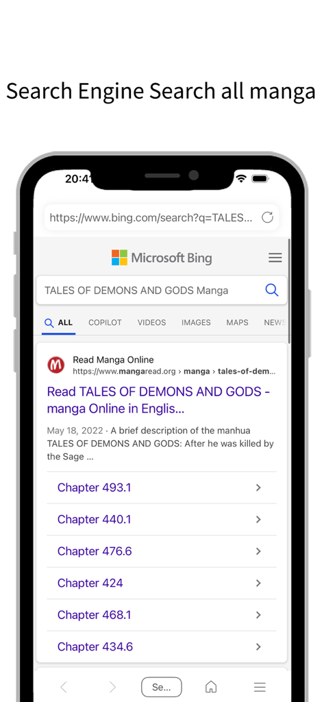 ReadSeek app interface displaying Bing search results for a manga title
