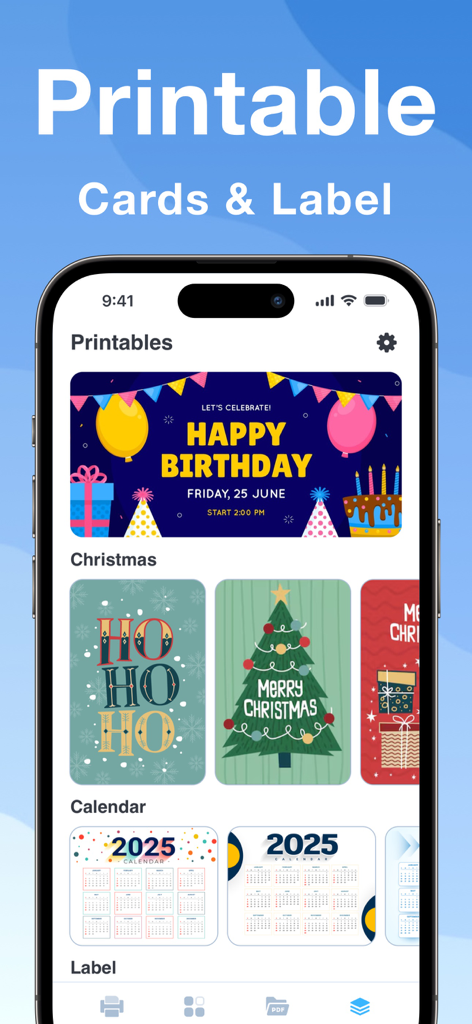 Smart Printer App: PDF Scanner - Smart Printer App interface showing printable birthday cards, Christmas cards, and 2025 calendars