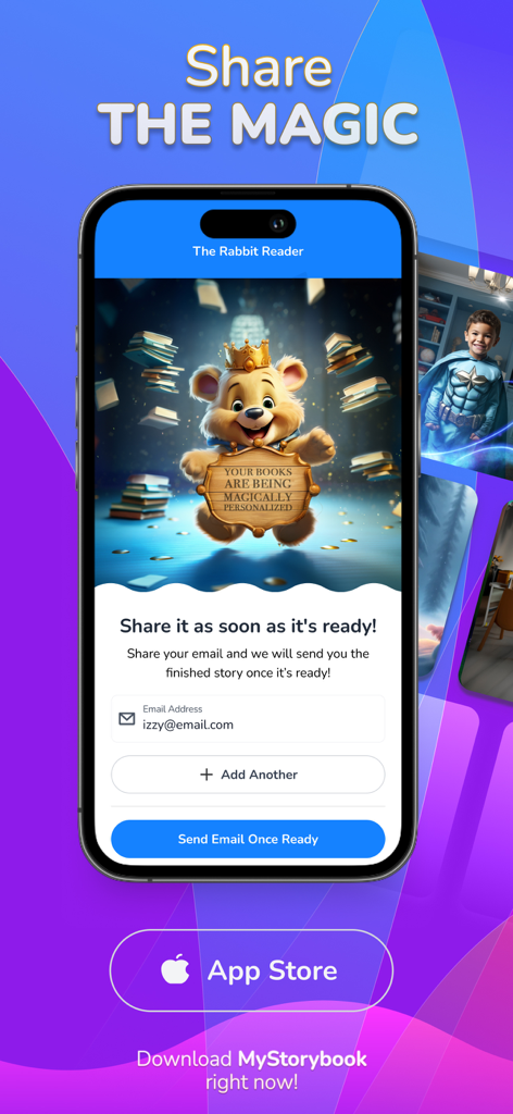 MyStorybook: Stories for kids - MyStorybook app screen showing an option to share a personalized story via email with an illustration of a bear holding a sign.