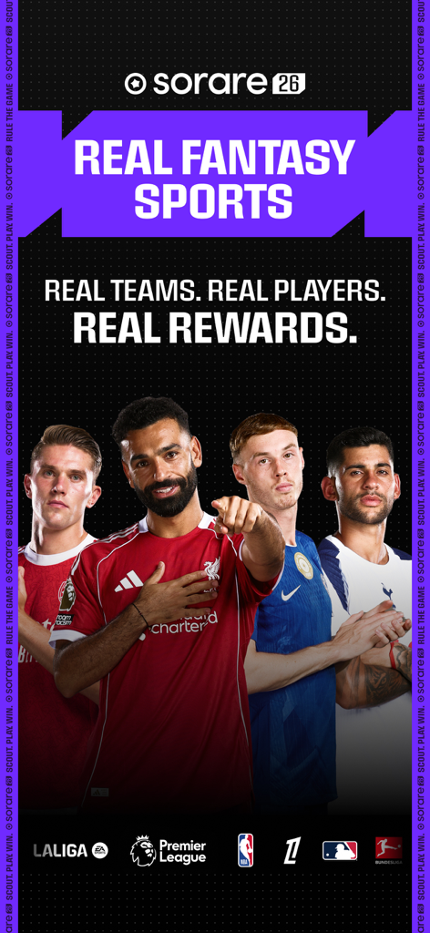 Sorare Fantasy Sports app promotional banner featuring professional soccer players and official league logos.