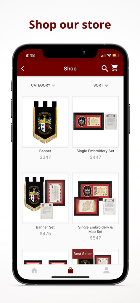 MyLineage - MyLineage app shop screen displaying heraldry banners and custom family embroidery sets