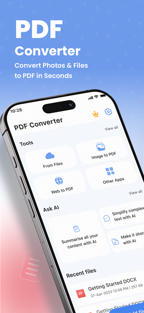PDF Converter: Photo to PDFs - PDF Converter app home screen on an iPhone showing file conversion and AI tools