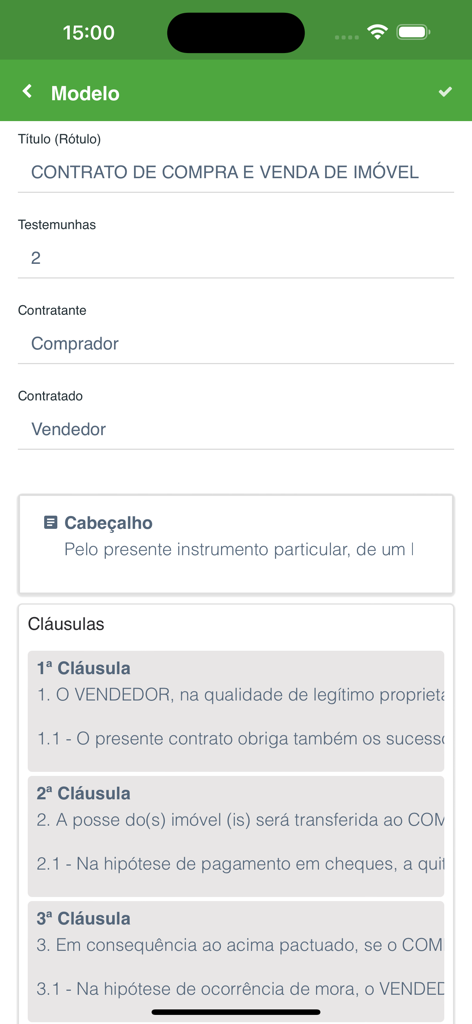 Interface do aplicativo móvel mostrando a criação de um modelo de contrato de compra e venda de imóvel com seções para testemunhas e cláusulas.