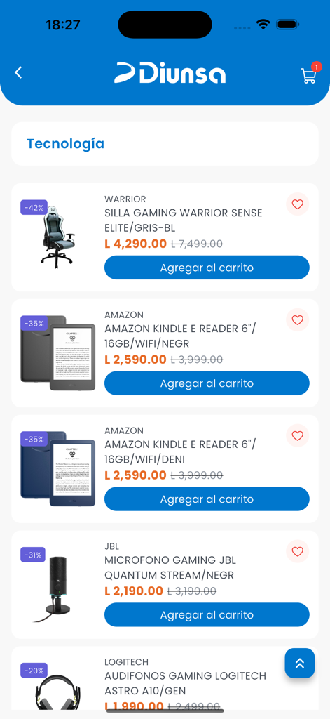 DIUNSA HN - A list of discounted technology products including gaming chairs and e-readers on the DIUNSA mobile app