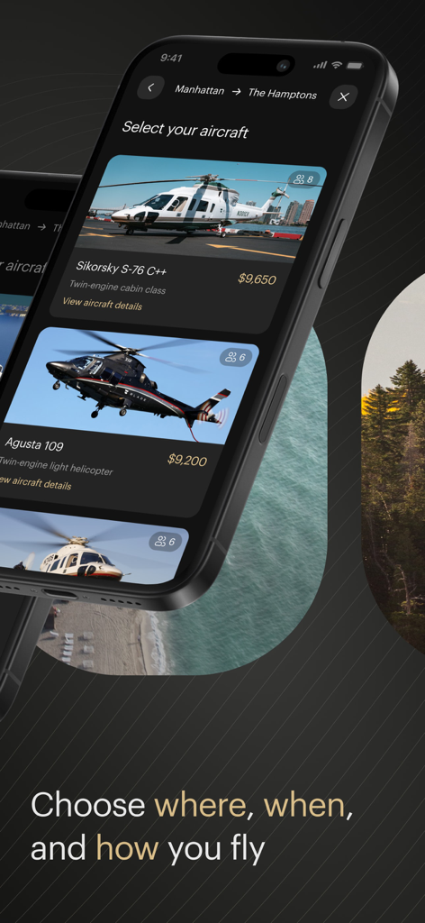 Interfaz de la aplicación móvil BLADE que muestra opciones de helicópteros para un vuelo desde Manhattan a The Hamptons